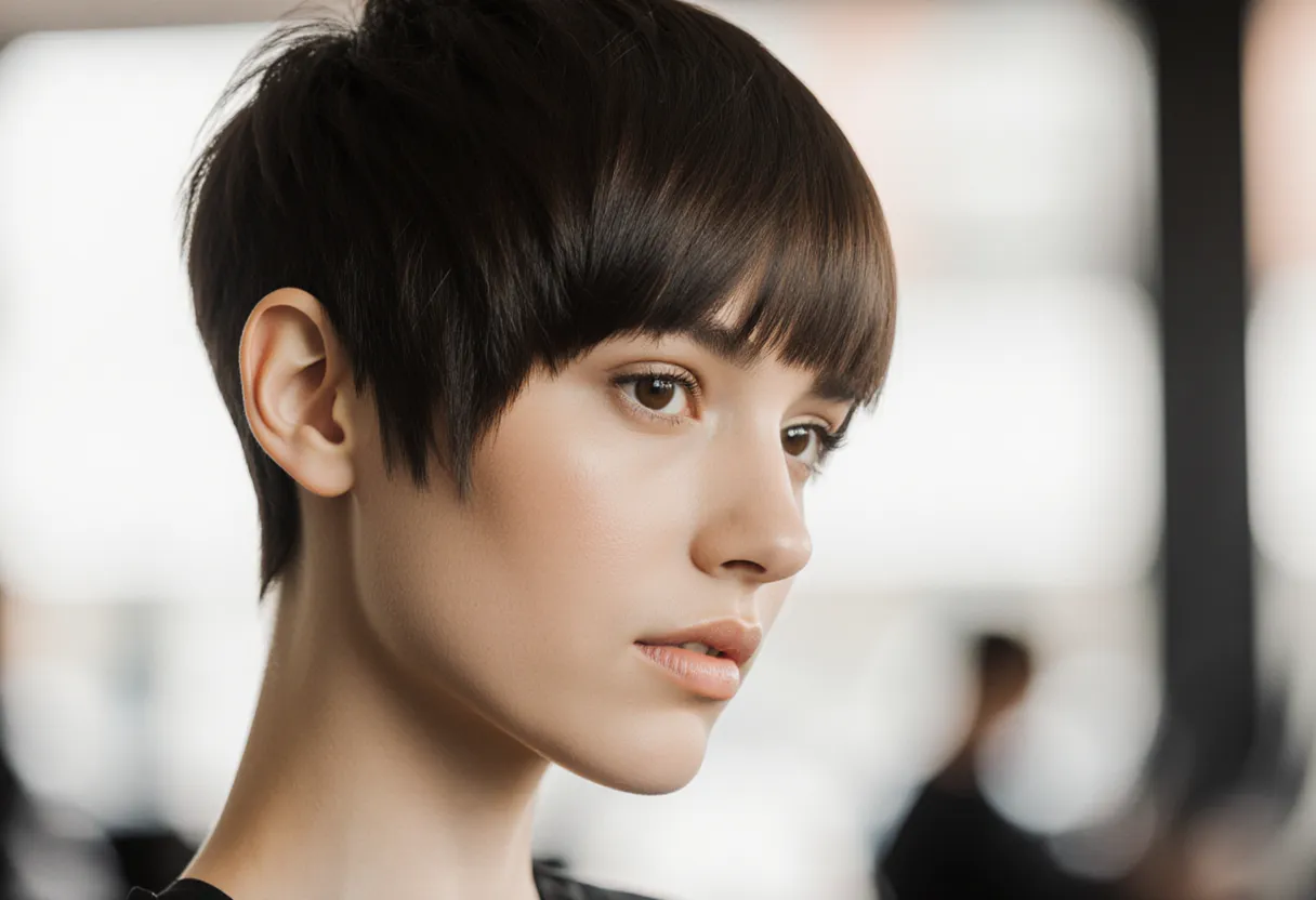 Woman with a textured long pixie cut and piecey fringe at The Look Hair Salon in Glendale