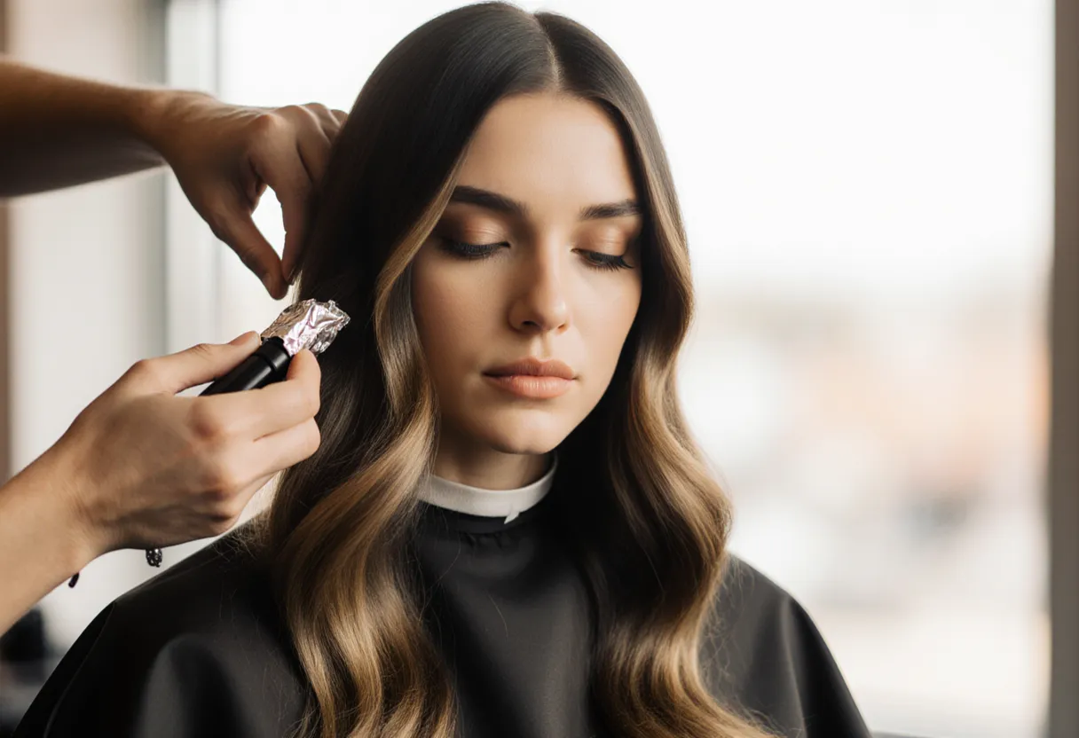 Stylist adding lowlights to glossy dimensional brunette hair at The Look Hair Salon in Glendale
