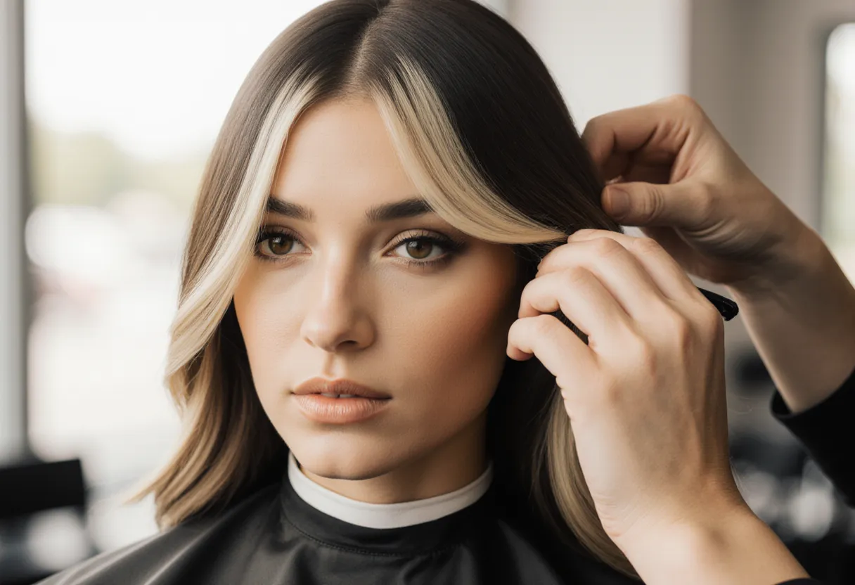 Brunette woman with bright blonde money piece highlights framing her face at The Look Hair Salon in Glendale