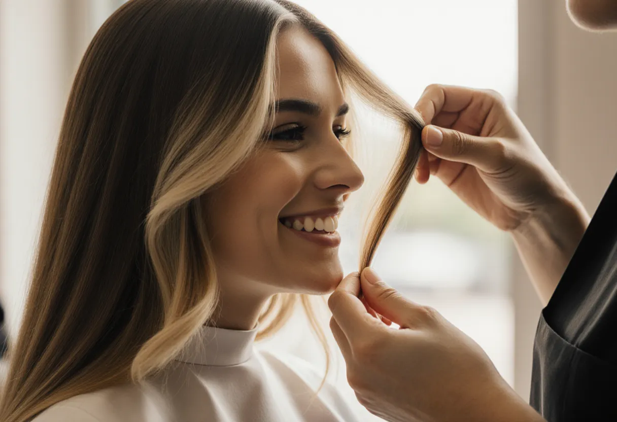 Stylist adjusting blonde money piece highlights framing a client's face at The Look Hair Salon in Glendale