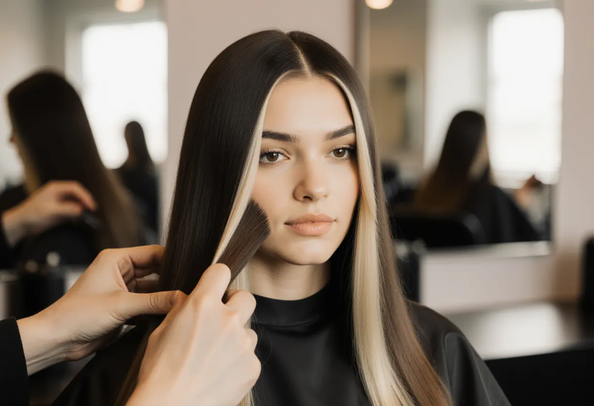 Stylist smoothing bright blonde money piece highlights framing a brunette client face at The Look Hair Salon in Glendale