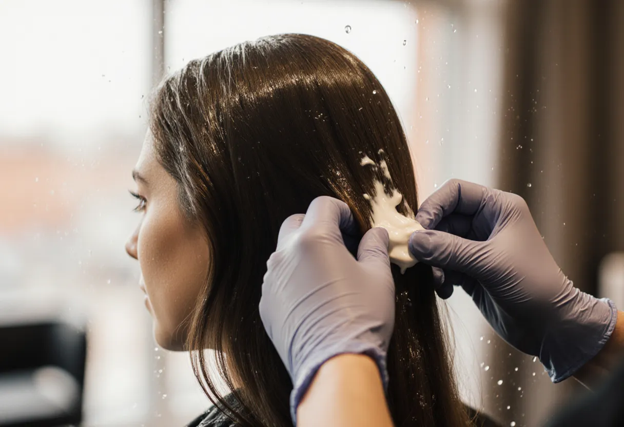 Stylist applying an olaplex treatment bond repair cream to a client's hair at The Look Hair Salon in Glendale