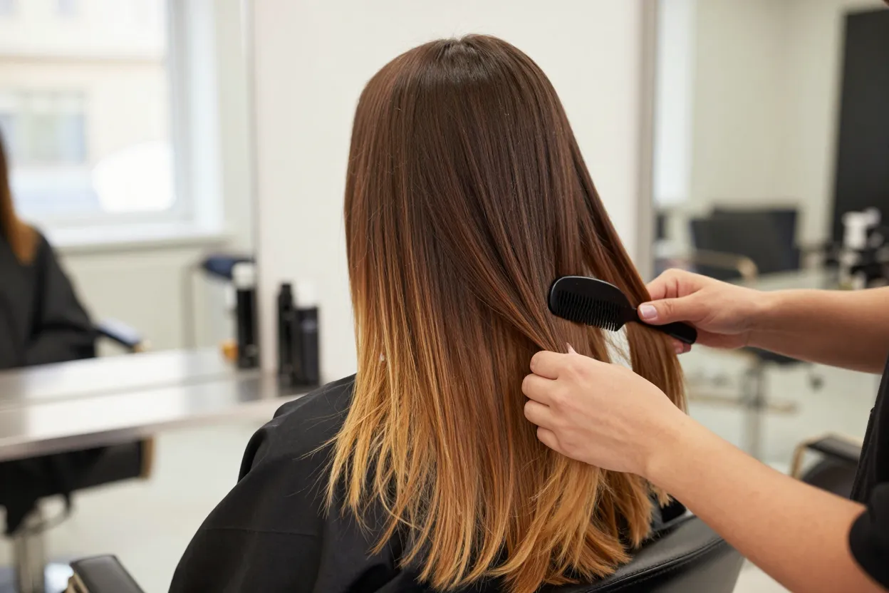 Stylist combing through ombre hair color with dark roots melting into caramel ends at The Look Hair Salon in Glendale