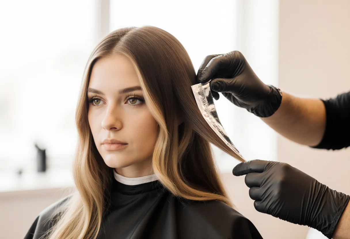 Colorist placing foils for partial highlights in a client's brown hair at The Look Hair Salon in Glendale