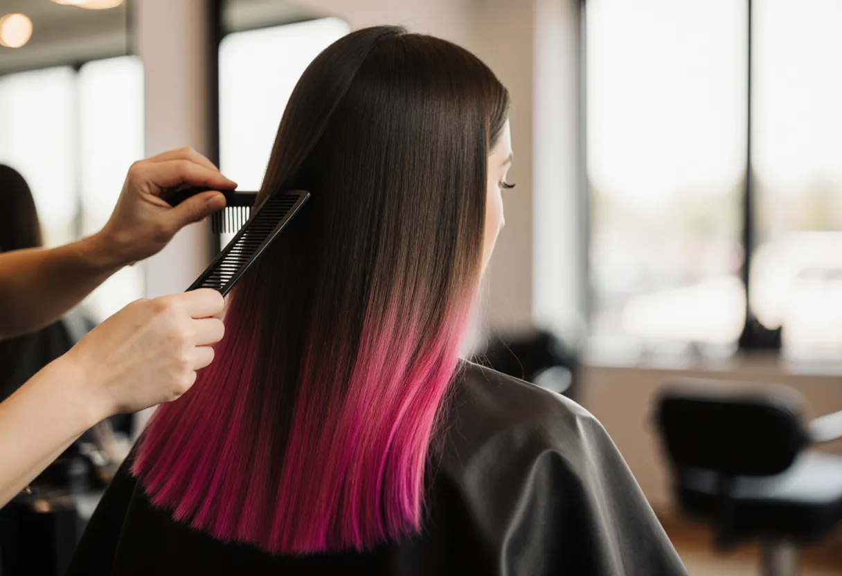 Stylist revealing vivid pink peekaboo highlights under a client's dark brown hair at The Look Hair Salon in Glendale