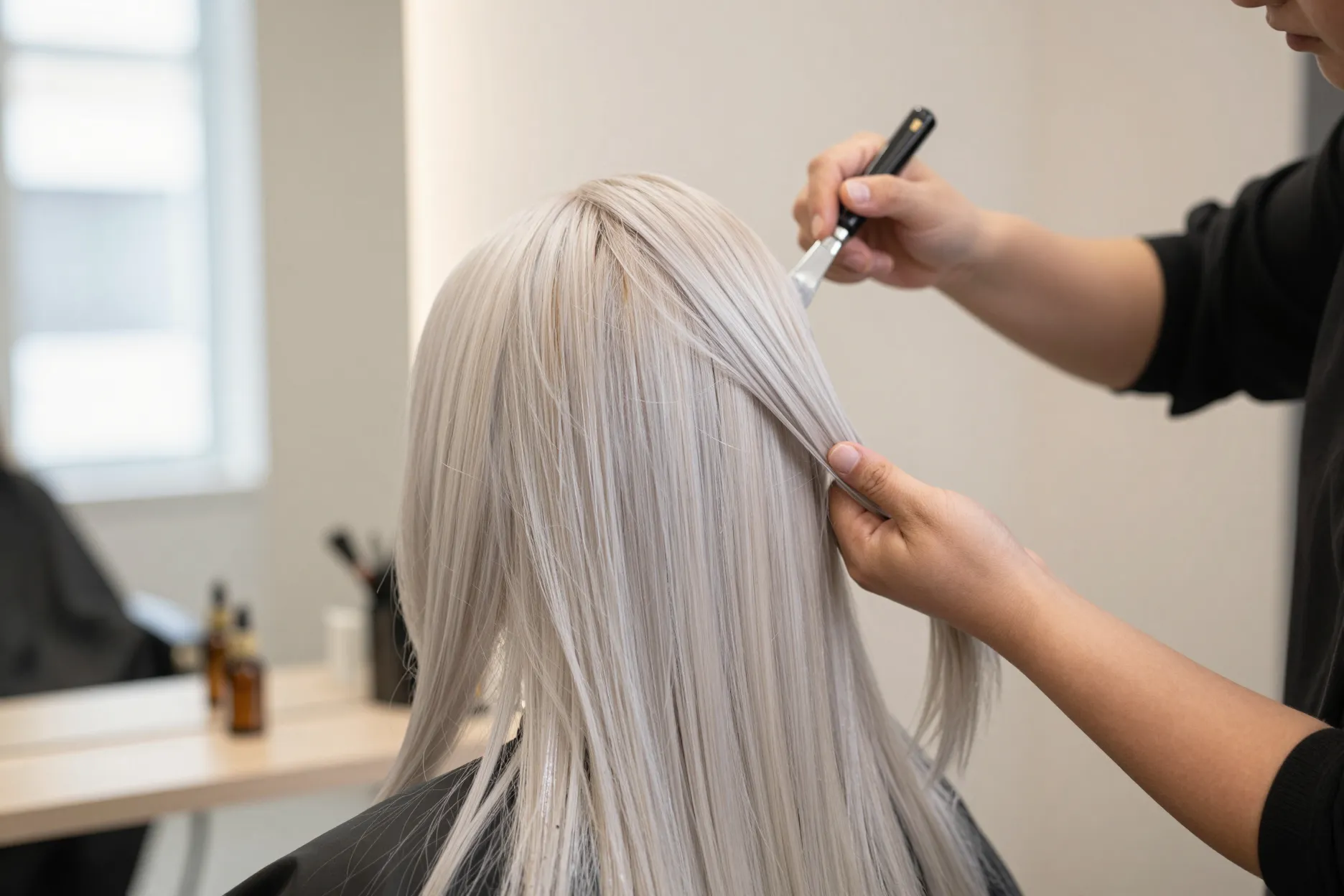 Colorist applying toner to create icy platinum blonde hair color at The Look Hair Salon in Glendale