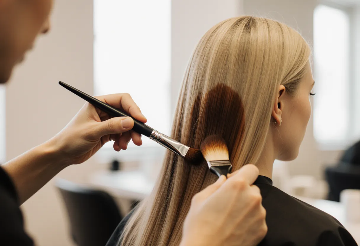Stylist painting deeper lowlights into over-lightened blonde hair during a reverse balayage at The Look Hair Salon in Glendale