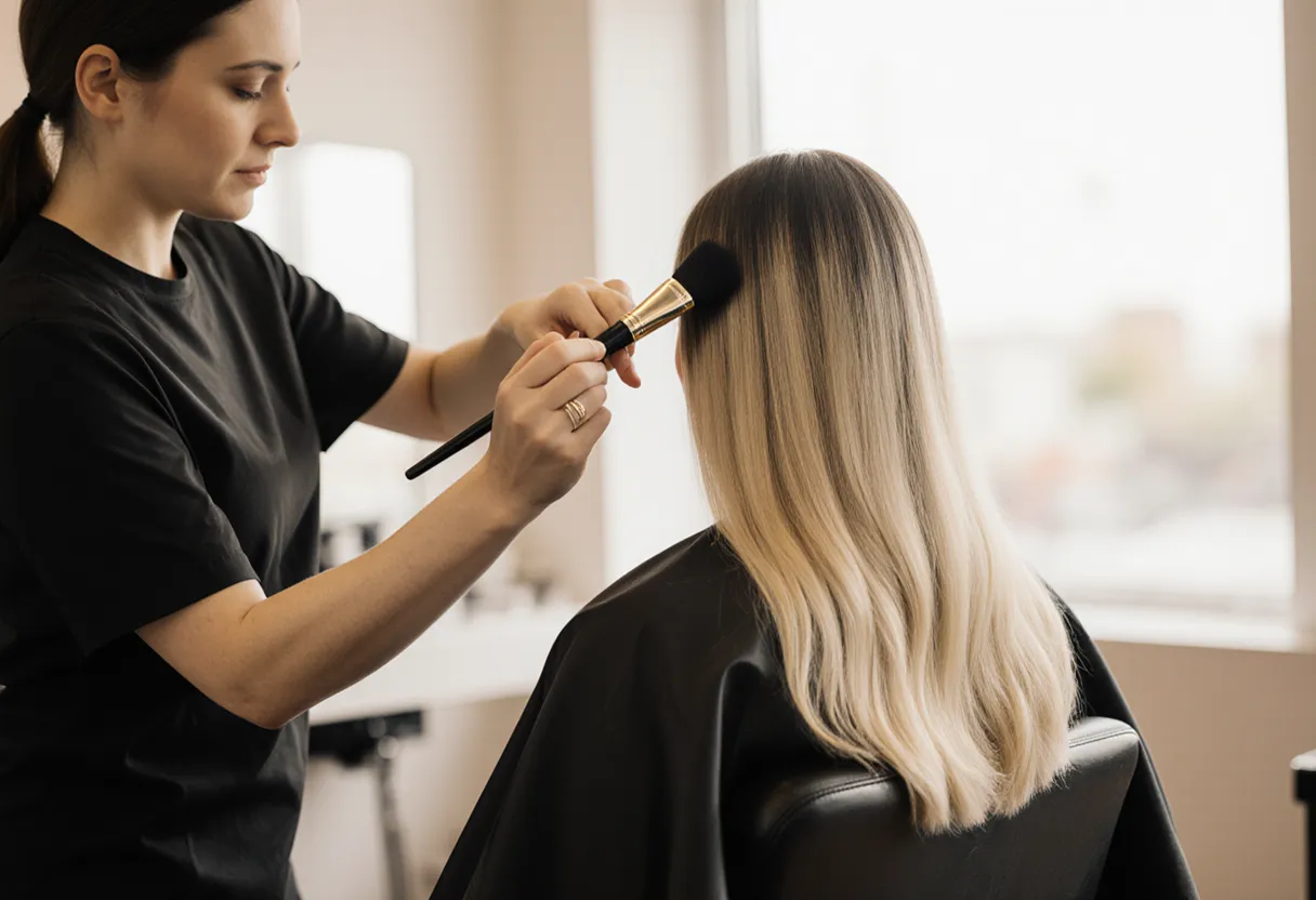 Stylist blending a dark shadow root into a blonde client's hair at The Look Hair Salon in Glendale