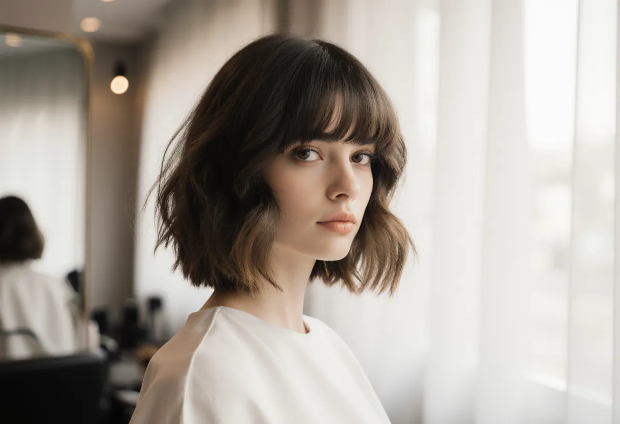 Stylist finishing a textured, layered shag haircut on a client at The Look Hair Salon in Glendale