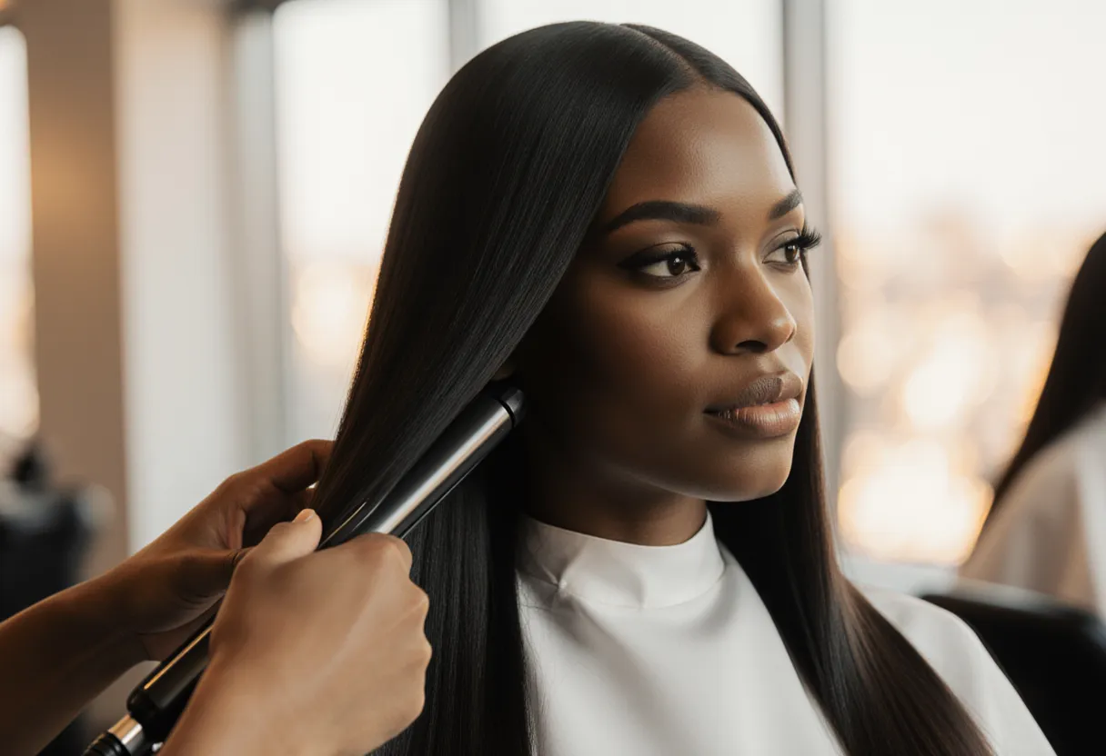 Stylist flat-ironing a sleek, glossy silk press on natural hair at The Look Hair Salon in Glendale