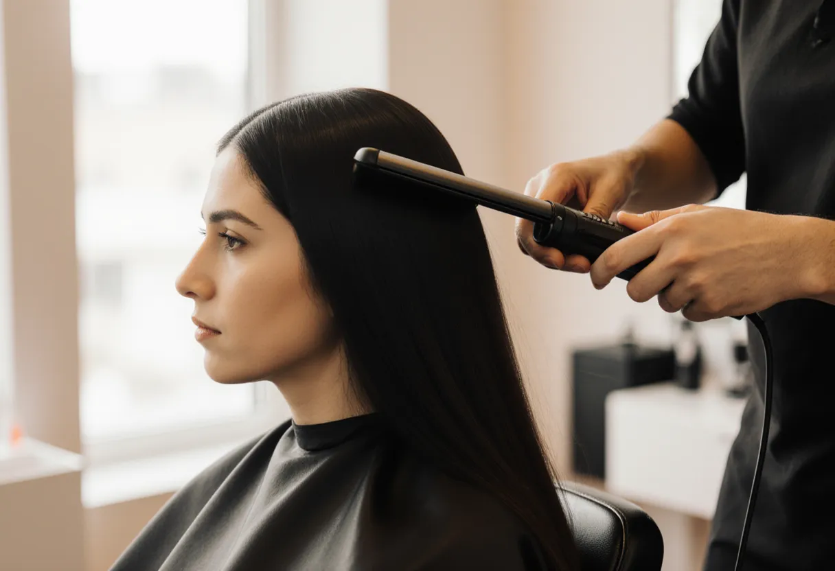 Stylist flat-ironing a smooth, shiny silk press into long dark natural hair at The Look Hair Salon in Glendale