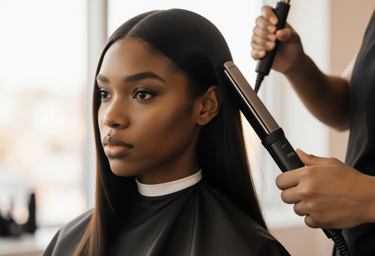 Stylist finishing a glossy silk press on a client's natural hair at The Look Hair Salon in Glendale