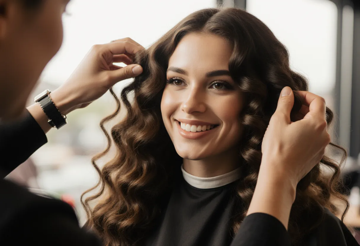 Stylist defining a client's long spiral perm ringlets at The Look Hair Salon in Glendale