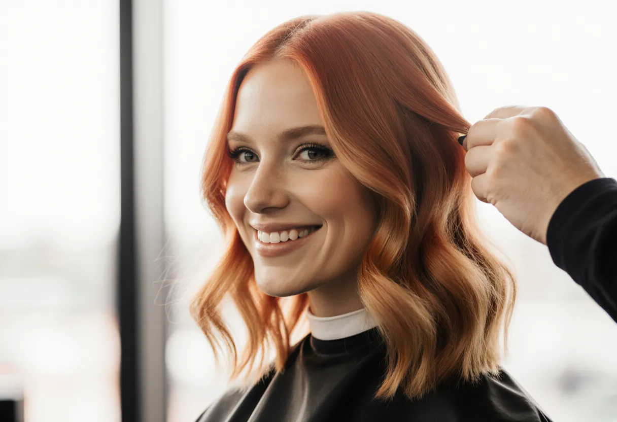 Colorist styling glossy warm strawberry blonde hair on a client at The Look Hair Salon in Glendale