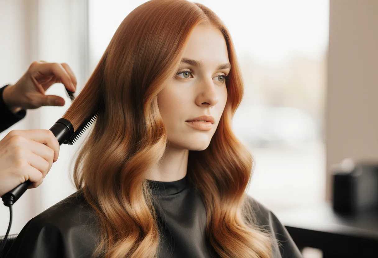 Stylist smoothing warm strawberry blonde hair with red-gold tones in natural window light at The Look Hair Salon in Glendale