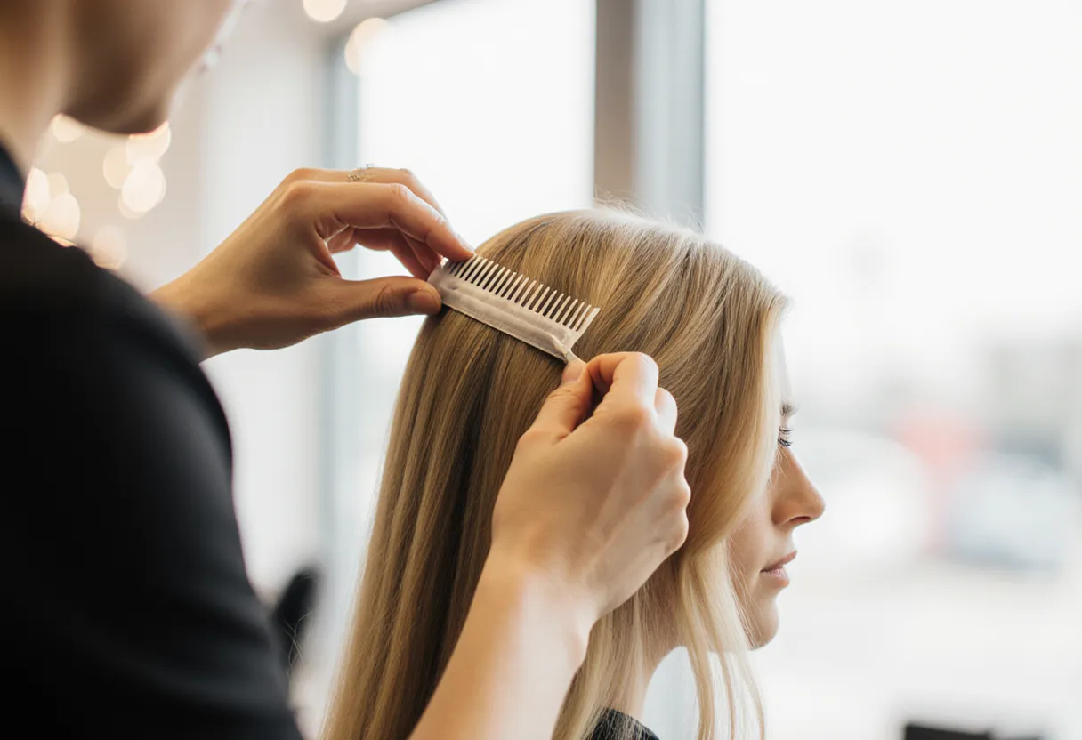 Stylist sectioning blonde hair to place tape in hair extensions at The Look Hair Salon in Glendale