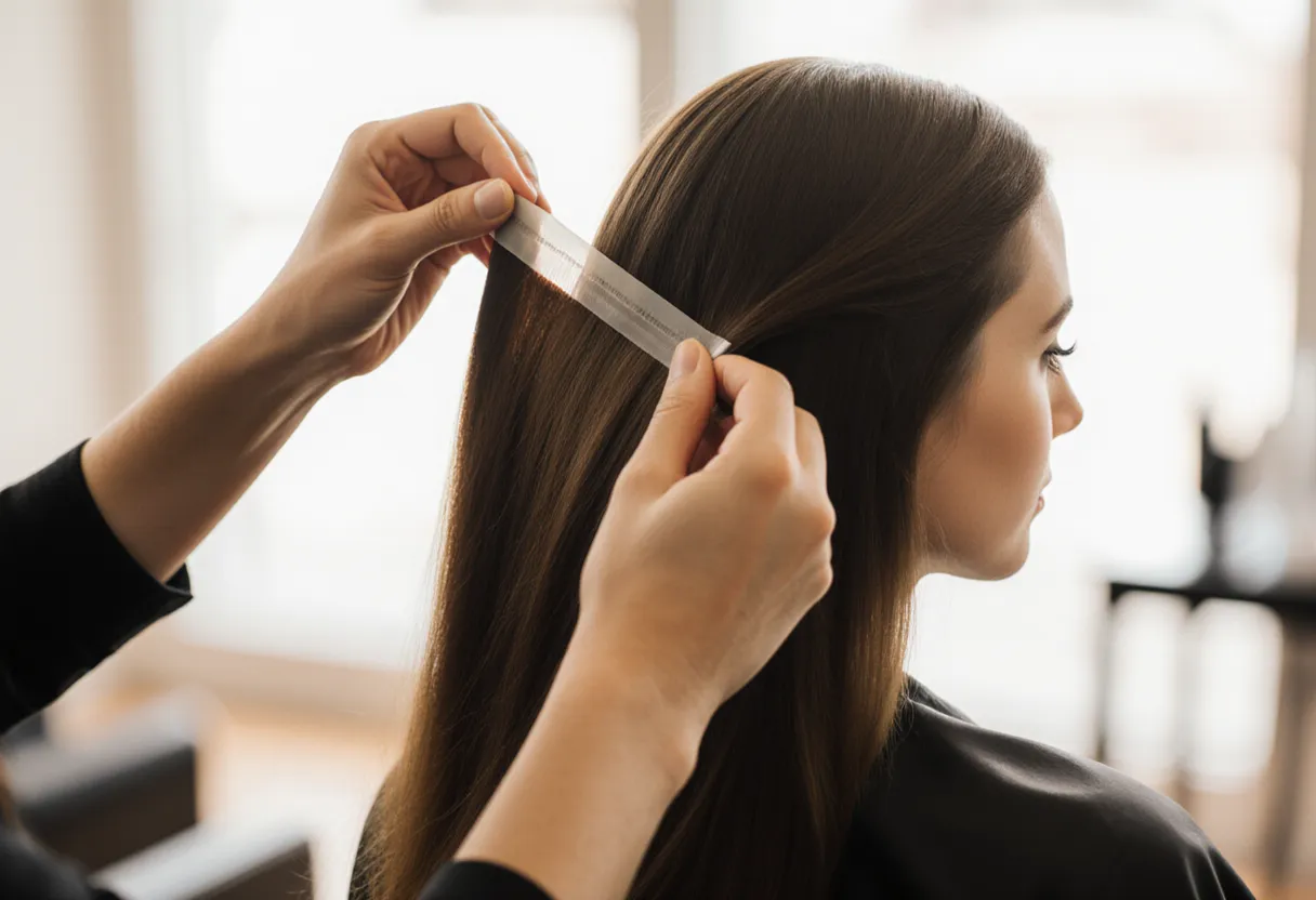 Stylist applying tape-in hair extensions, one of the types of hair extensions, at The Look Hair Salon in Glendale