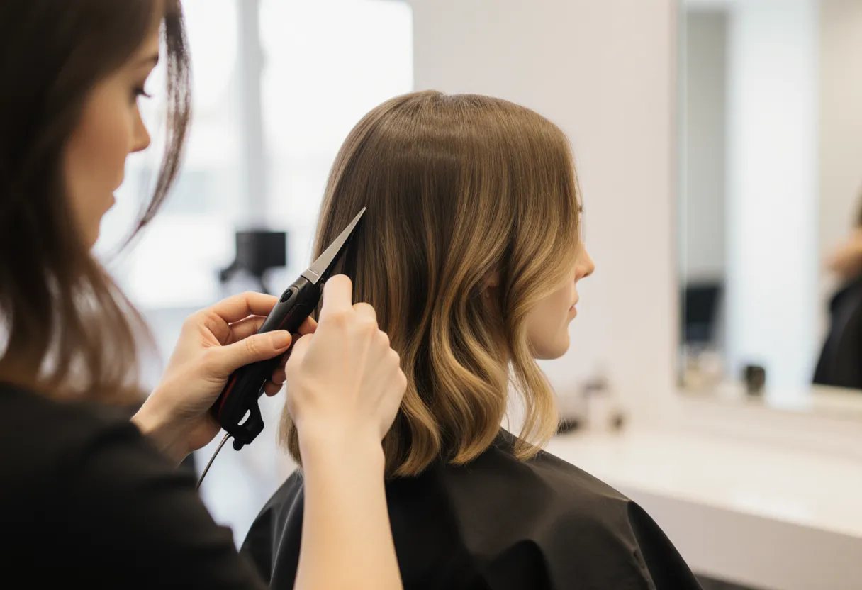 Stylist cutting volumizing haircuts for thin hair into a client fine shoulder-length hair at The Look Hair Salon in Glendale