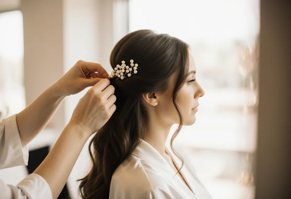 Stylist pinning a half-up bridal updo, one of the classic wedding hairstyles for long hair, at The Look Hair Salon in Glendale