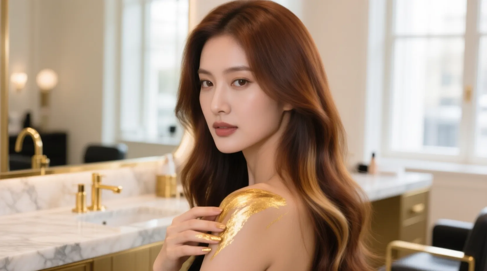 Editorial salon portrait of caramel-brown balayage with hand-painted golden highlights in an upscale Glendale hair salon
