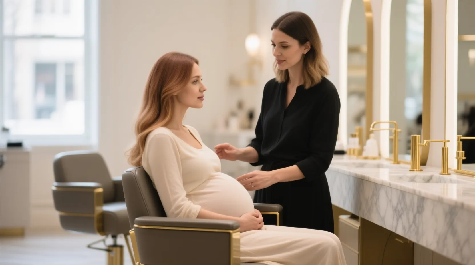 Pregnant client in a salon chair calmly consulting with a stylist in an upscale Glendale hair salon