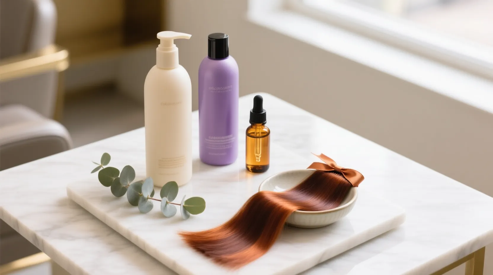 Editorial flat-lay of color-safe shampoo, purple toning conditioner and an amber serum next to a glossy auburn hair swatch on a marble salon counter