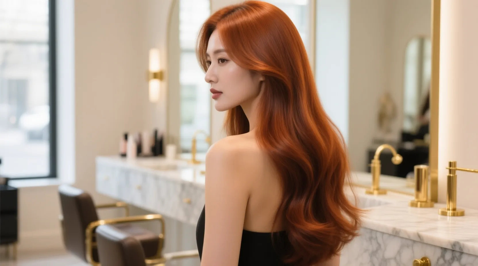 Editorial salon portrait of long flowing copper hair in rich burnt-sienna and cinnamon tones at an upscale Glendale hair salon