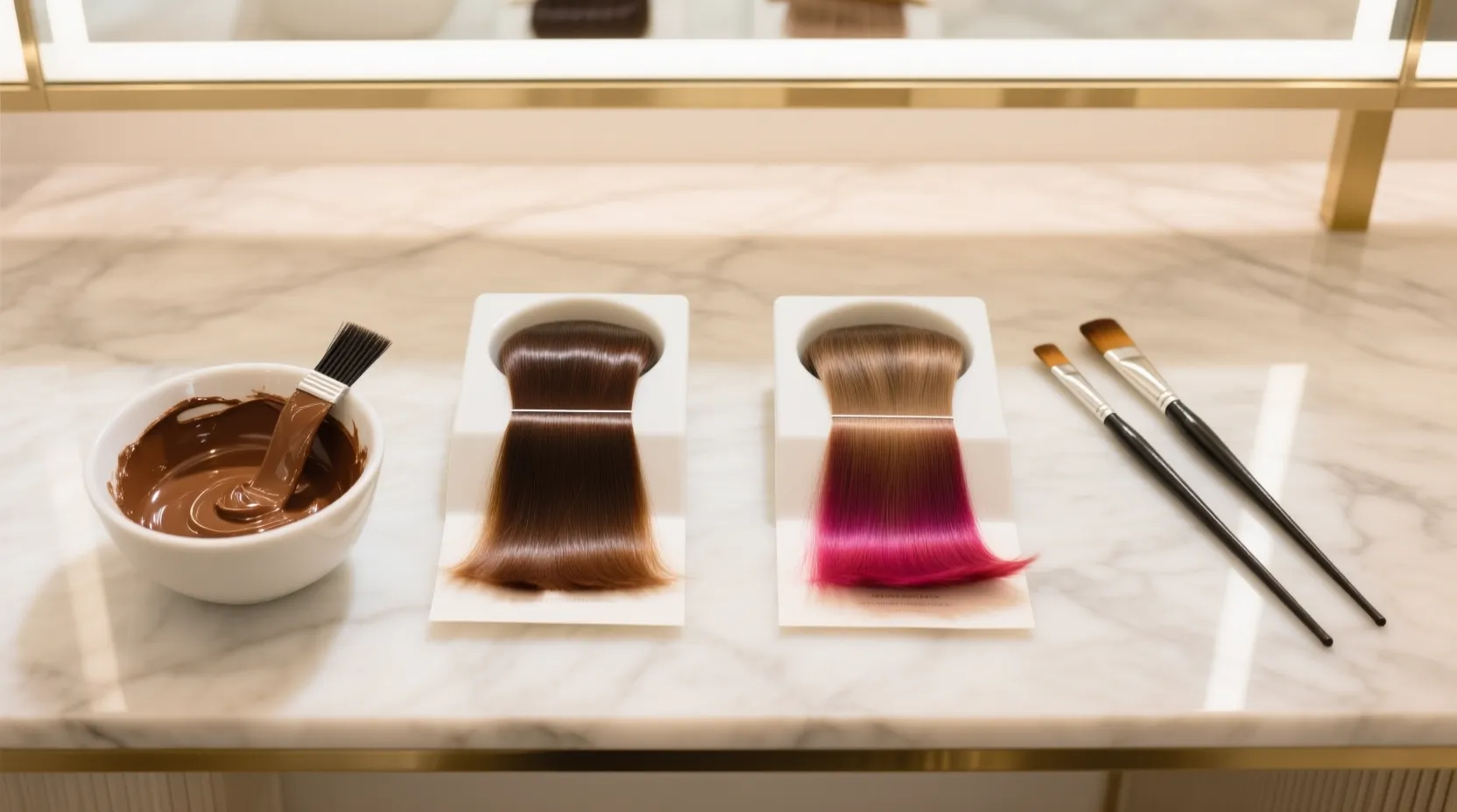 Demi-permanent and semi-permanent hair color swatches with a tinting bowl on a marble salon counter