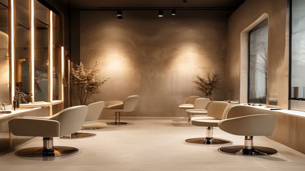 Elegant hair salon interior in Glendale with warm mirror lighting and professional styling chairs