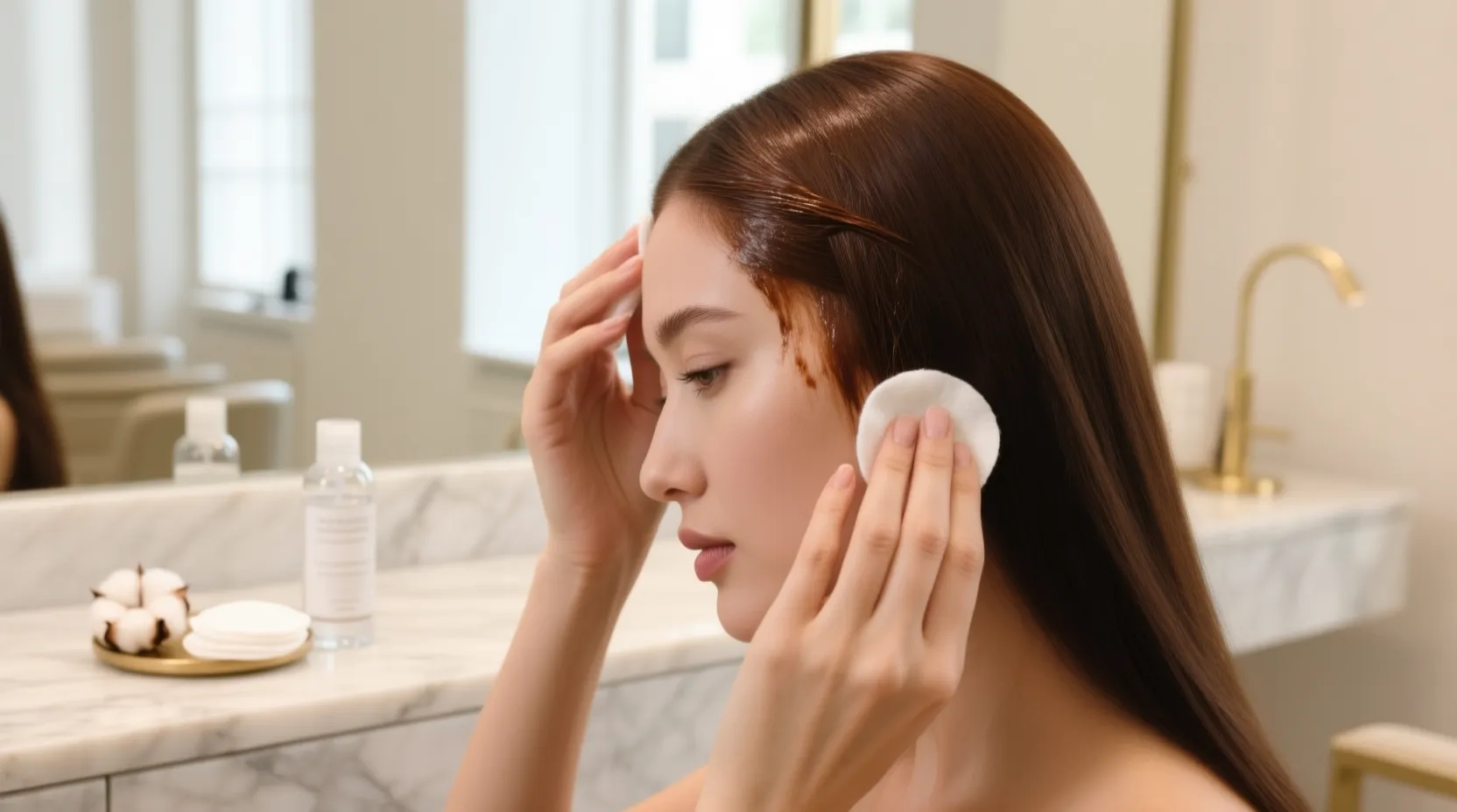 Hands gently removing hair dye stains from skin near the hairline using a cotton pad in a marble salon vanity