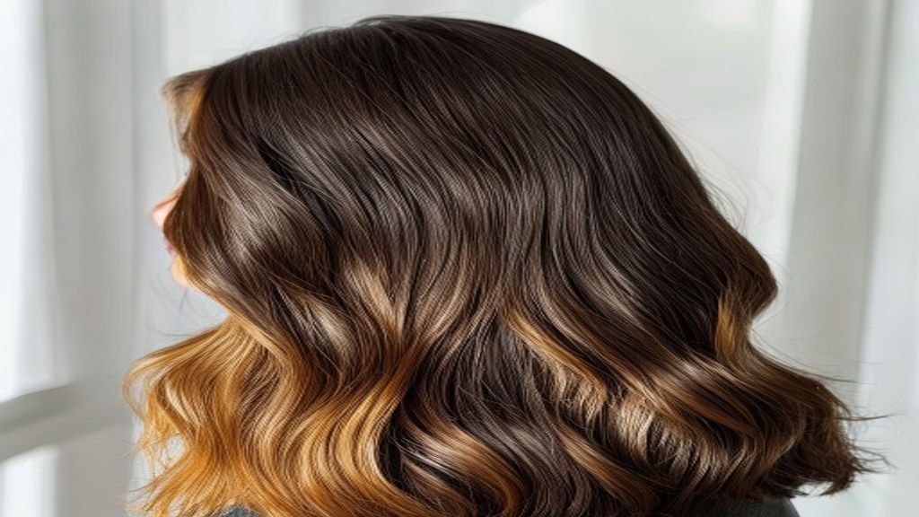 Hair color gradient showing balayage dimension from dark roots to warm blonde ends
