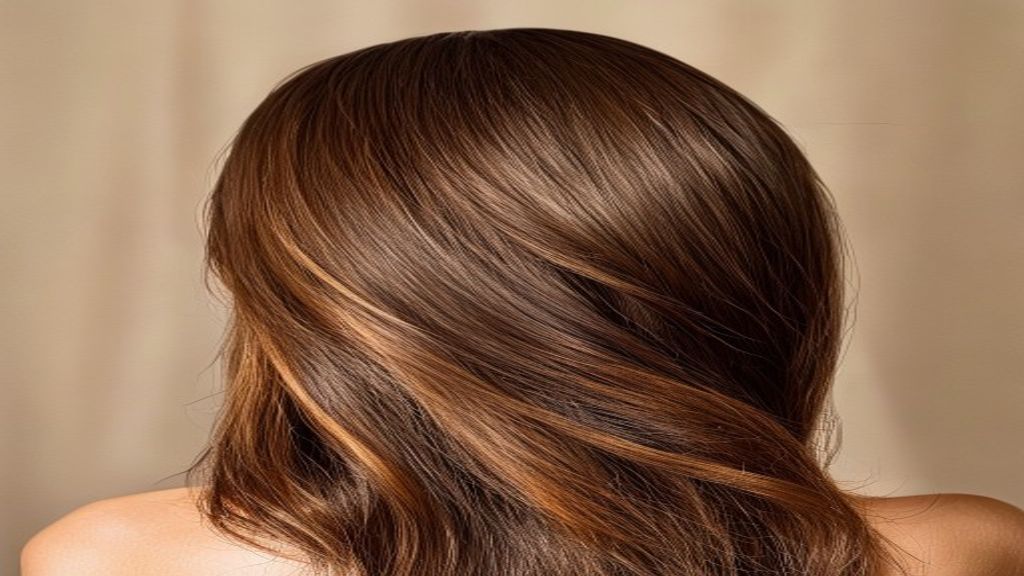 Rear view of healthy scalp and glossy brunette hair, warm natural salon lighting