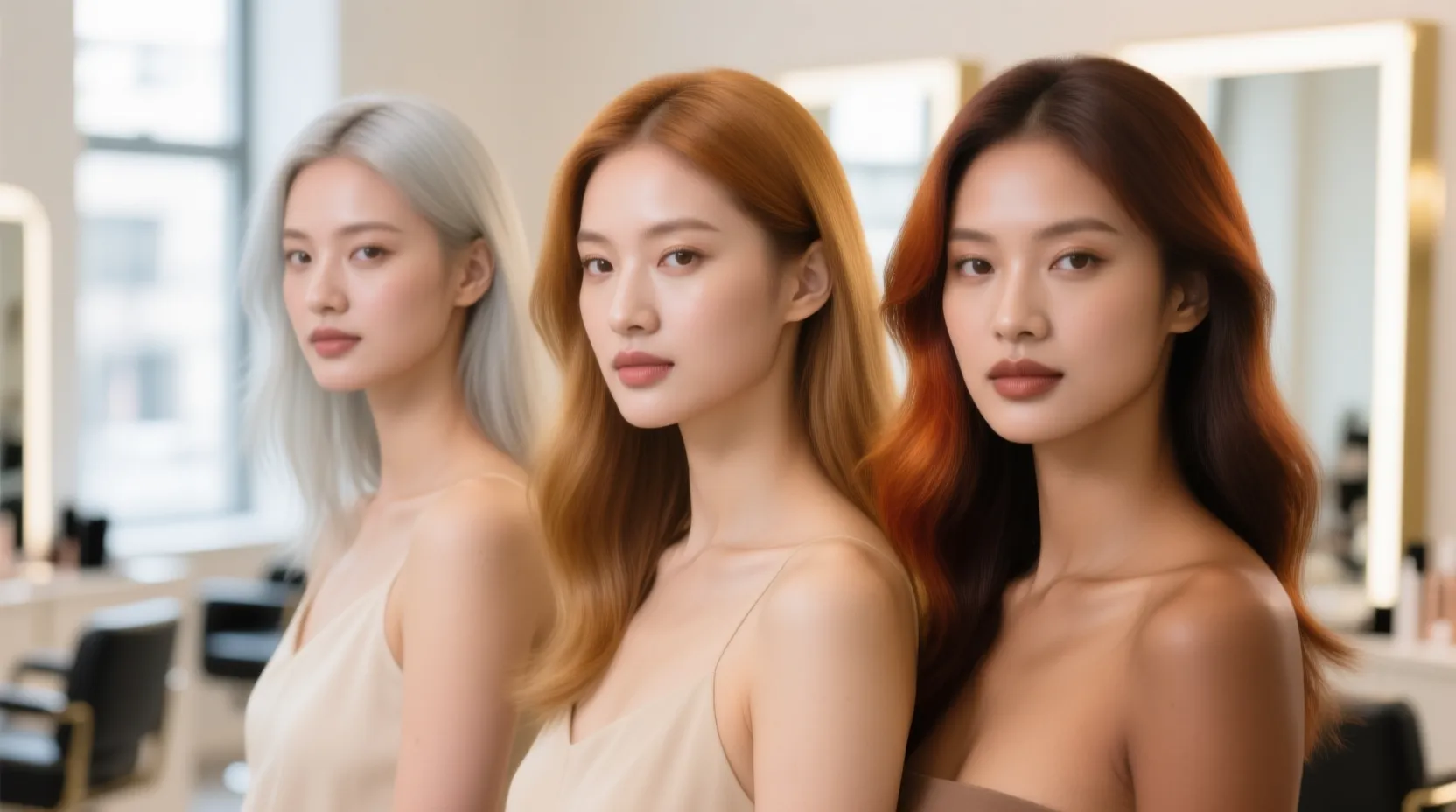 Three women with different skin undertones wearing complementary hair colors — icy blonde, honey caramel, and rich auburn — in a Glendale hair salon