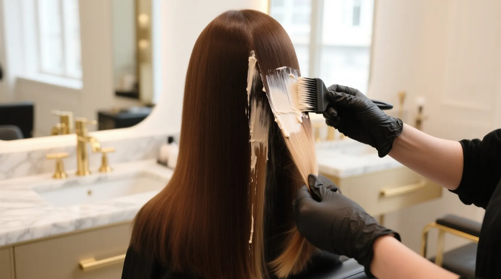 Stylist sweeping color cream onto long brunette hair using the freehand balayage technique at an upscale Glendale salon